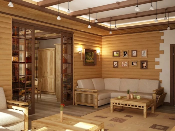 Освещение в гостиной в деревянном доме