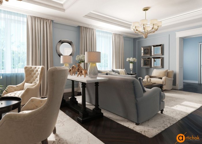 Гостиная в светлых тонах Неоклассика