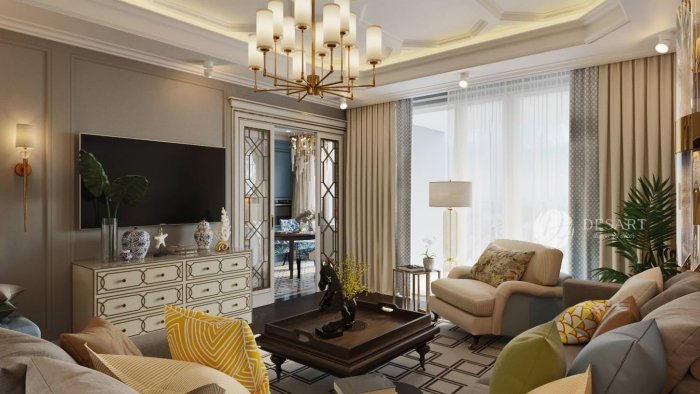 Гостиная квадратная 16м в стиле Неоклассика