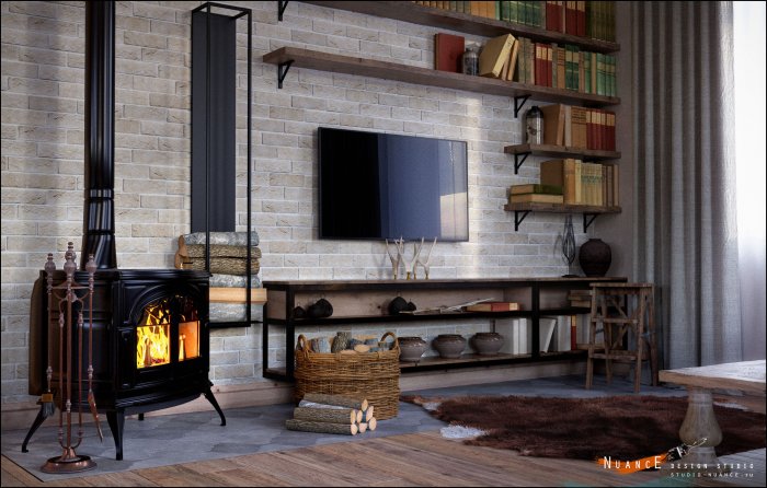 Гостиная лофт с камином