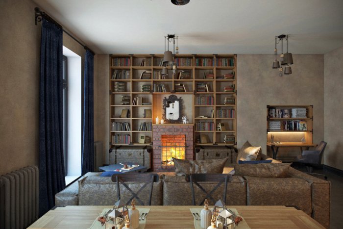 Гостиные в стиле лофт с камином