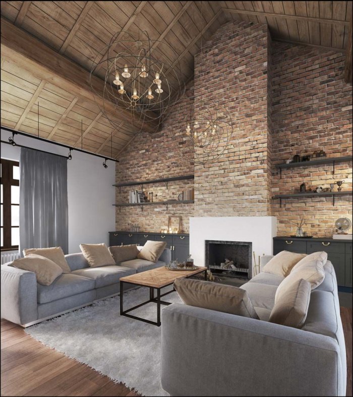 Гостиная лофт с камином