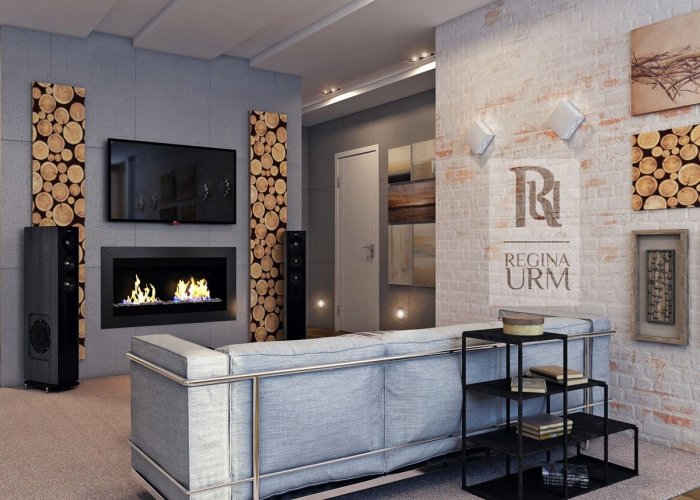 Камин в гостиной в стиле лофт