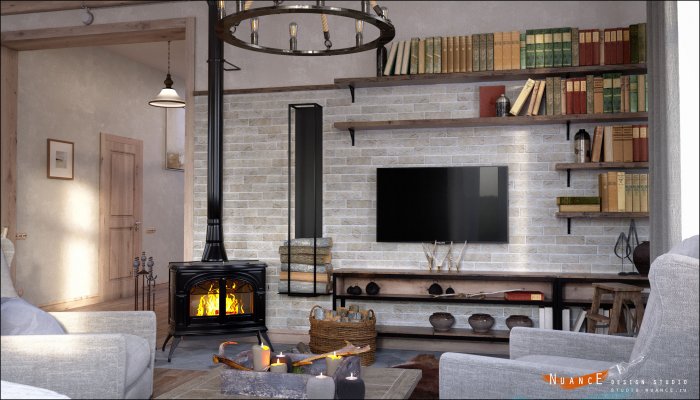 Гостиная лофт с камином