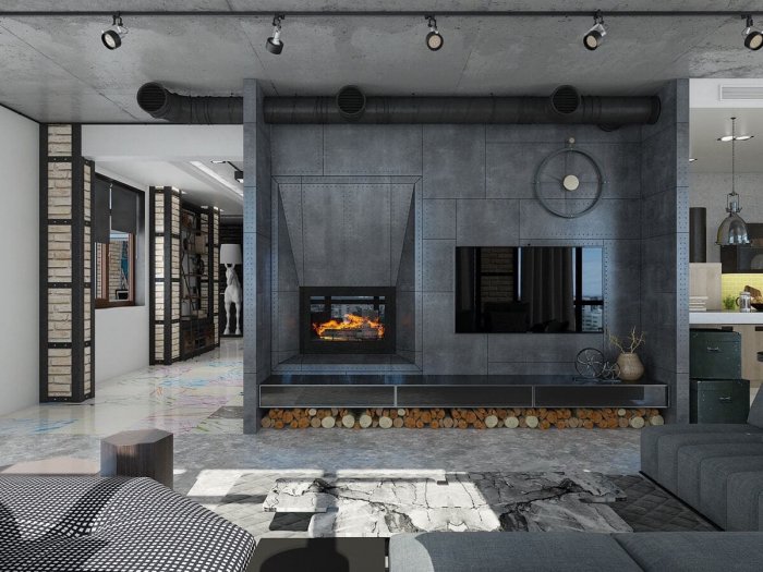 Камин в стиле лофт в интерьере