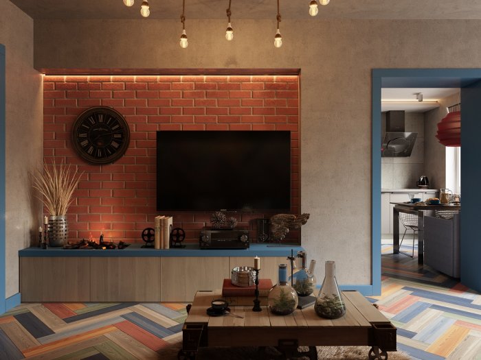 Гостиная в стиле лофт с камином