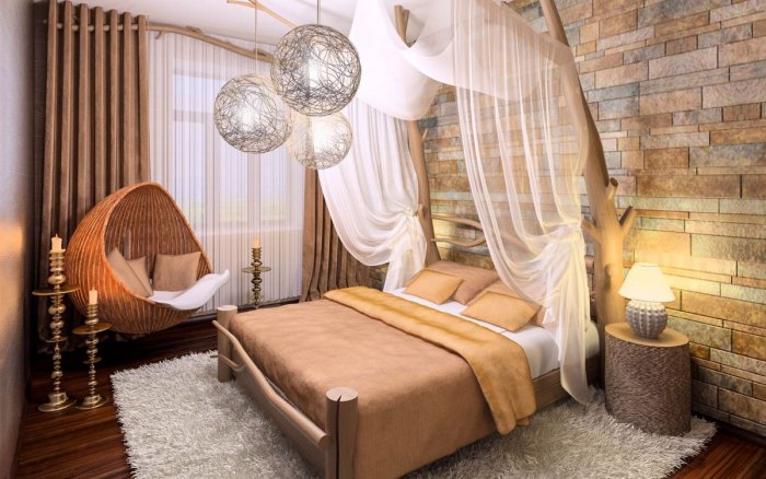 Спальня в экостиле в деревянном доме