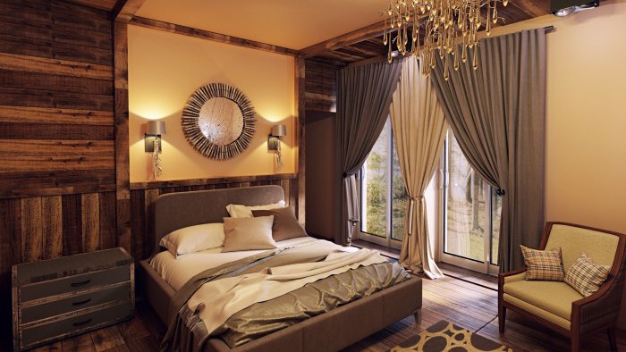 Шторы в спальню в стиле Шале