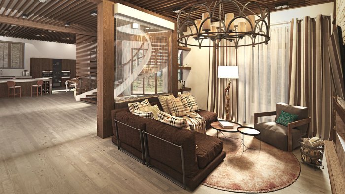 Гостиная в стиле лофт и Шале