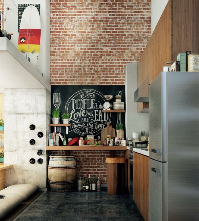 Кухня в стиле лофт с кирпичной стеной