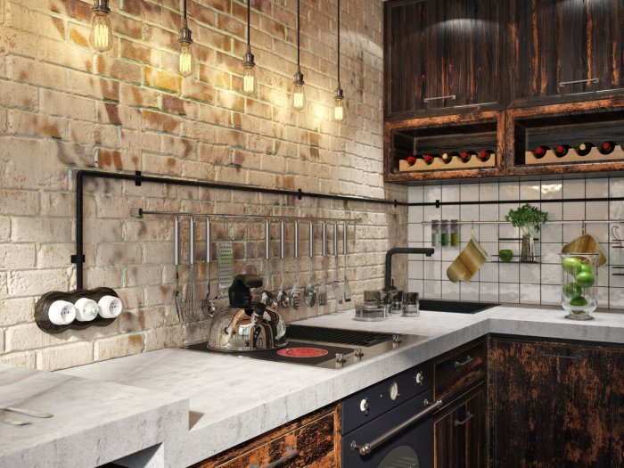 Маленькая угловая кухня в стиле лофт