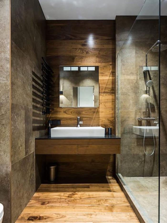Ванная комната бетон и дерево