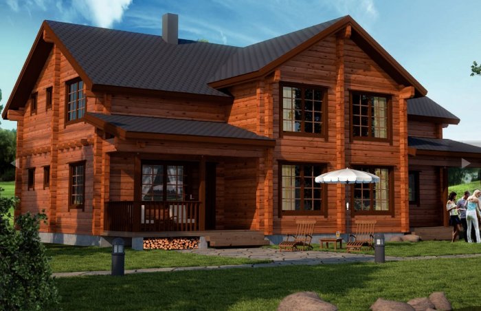 Деревянный дом из бруса коричневый