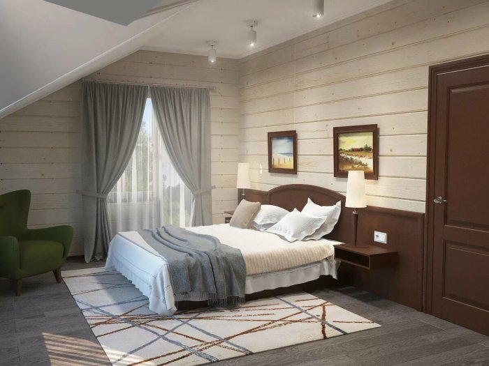 Имитация бруса в интерьере спальни