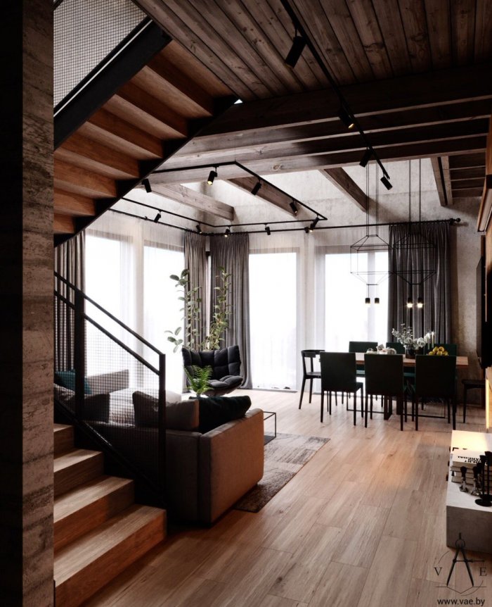 Интерьер лофт в загородном доме
