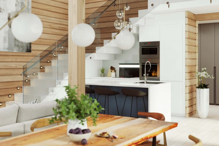 Обеденный стол под лестницей