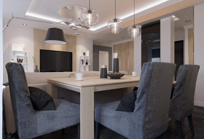 Узкая гостиная со столовой зоной