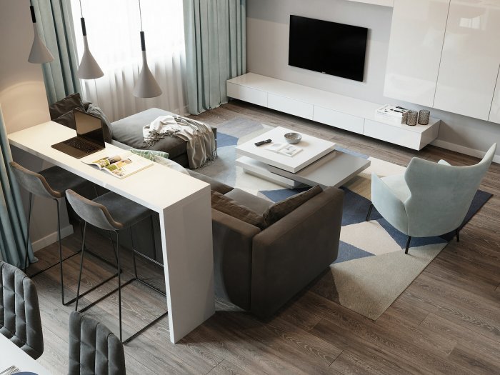 Барная стойка за угловым диваном