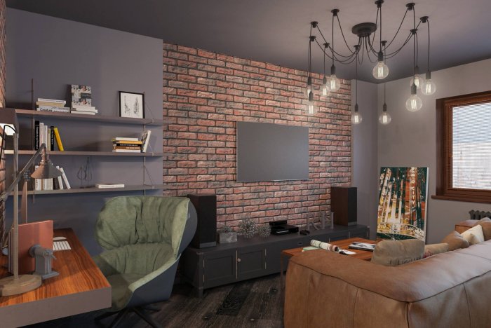 Красный кирпич в интерьере гостиной лофт