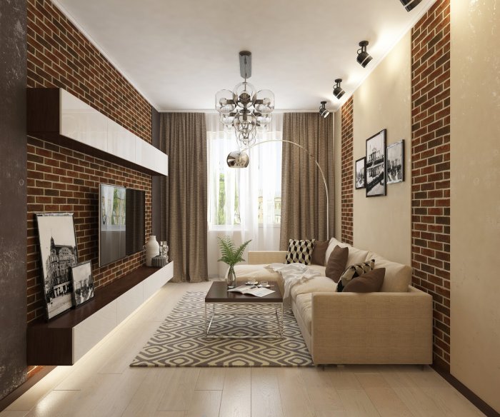 Бежевый кирпич в интерьере комнаты