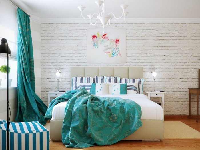 Спальня в бело бирюзовом цвете