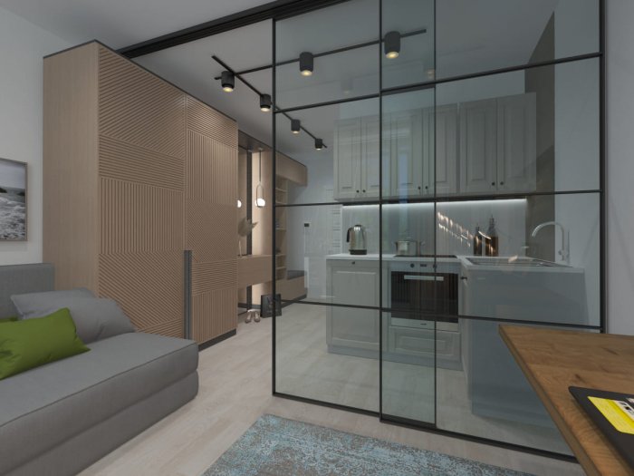 Стеклянная стена с перегородкой на кухню