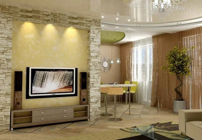 Декоративный камень в интерьере гостиной
