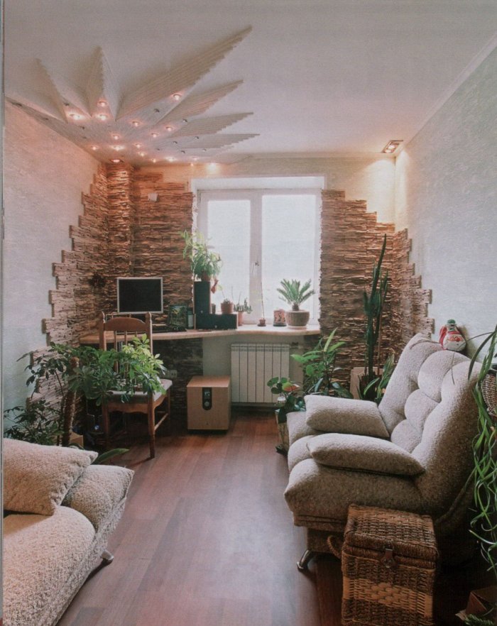 Декоративный камень в интерьере гостиной