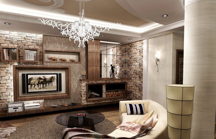 Гостиная отделанная камнем