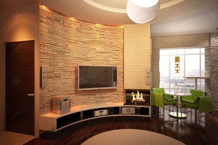 Кухня гостиная с декоративным камнем