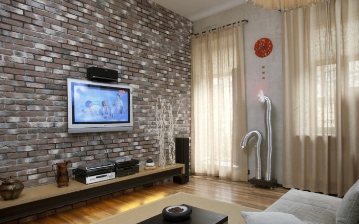 Отделка зала декоративным камнем