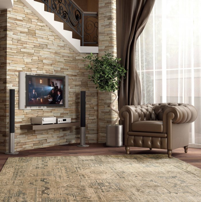 Отделка гостиной декоративным камнем