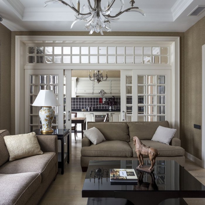 Кухня гостиная в неоклассическом стиле 20 кв м