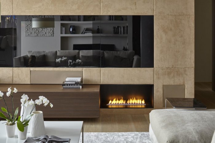 Биокамин в гостиной в современном стиле