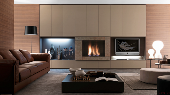 Камин в стенке для гостиной