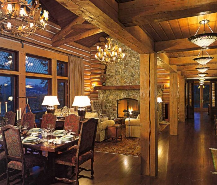 Освещение в гостиной в деревянном доме