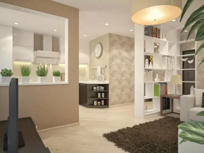 Зонирование гостиной стеллажом