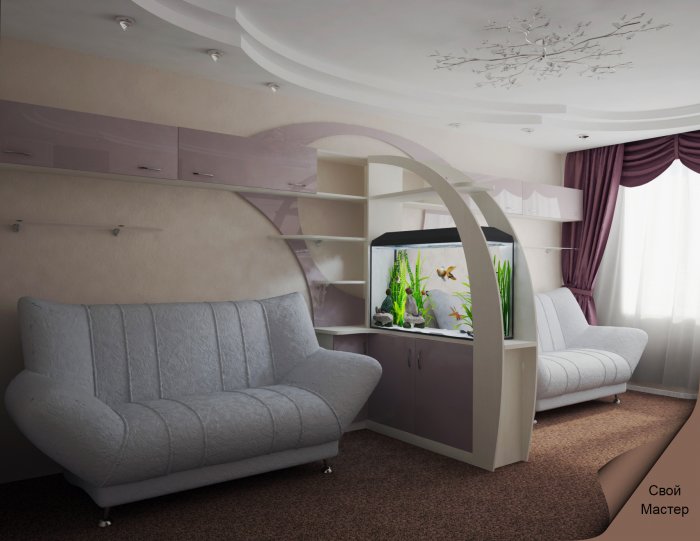 Перегородка из гипсокартона для зонирования гостиной и спальни