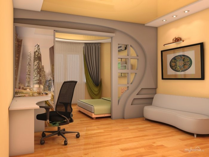 Зонирование комнаты на спальню и кабинет аркой
