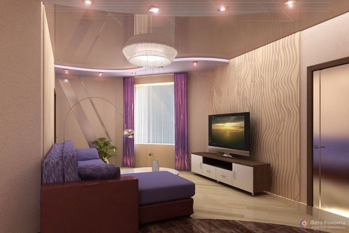 Натяжной потолок в бежевой комнате