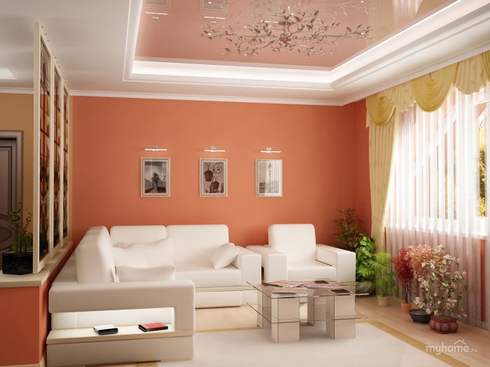 Персиковый потолок в интерьере
