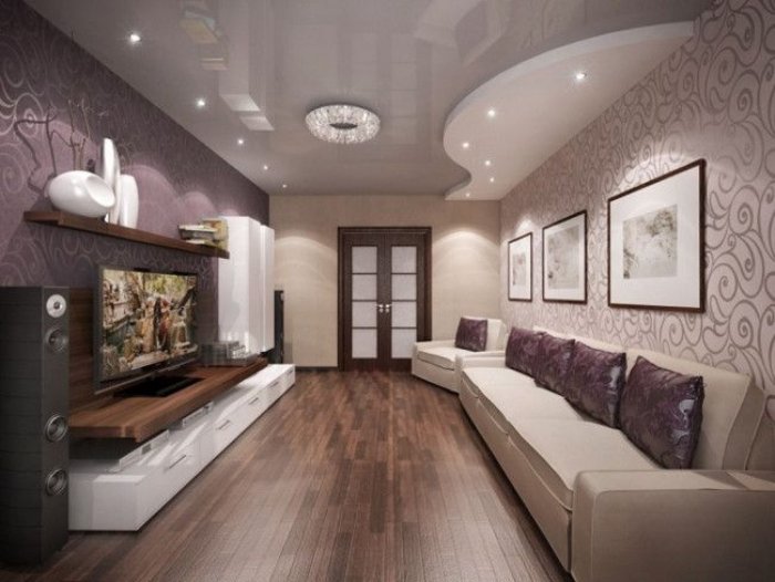 Двухуровневый натяжной потолок в гостиной