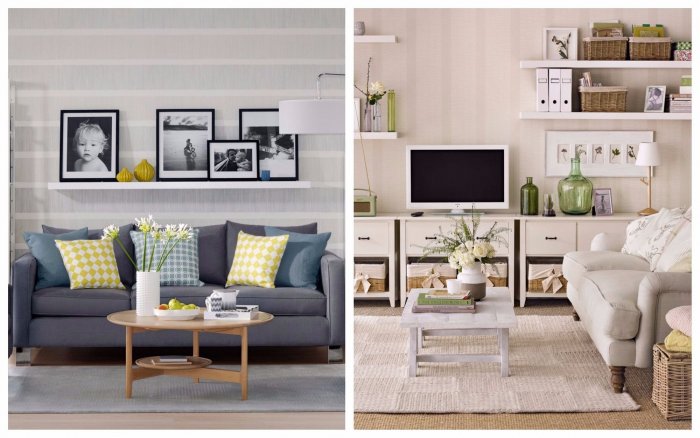 Полочки над диваном в гостиной