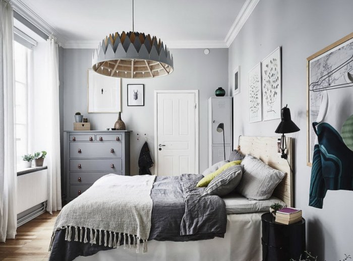 Серая спальня в скандинавском стиле