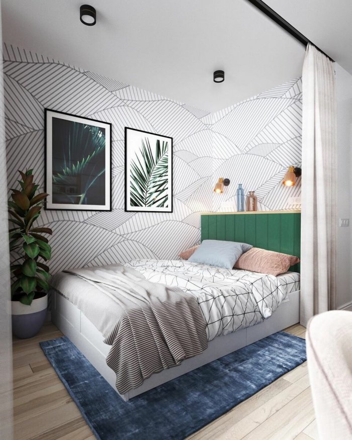 Узкая спальня в скандинавском стиле