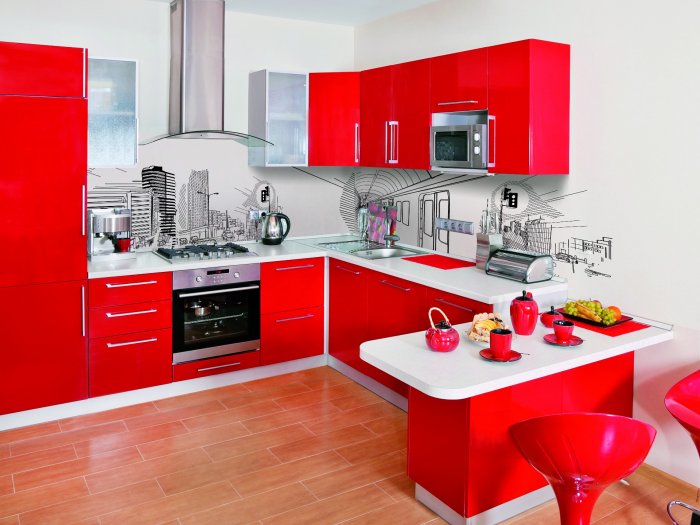 П образные кухонные гарнитуры красно белый