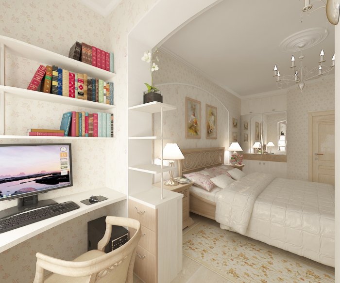 Интерьер спальни совмещенной с кабинетом