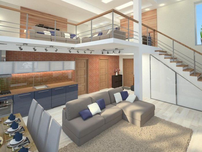 Гостиная студия со вторым светом