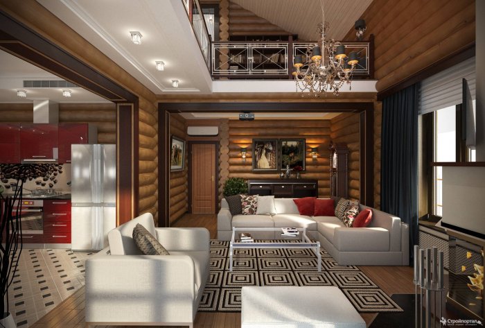 Кухня гостиная в деревянном доме в современном стиле