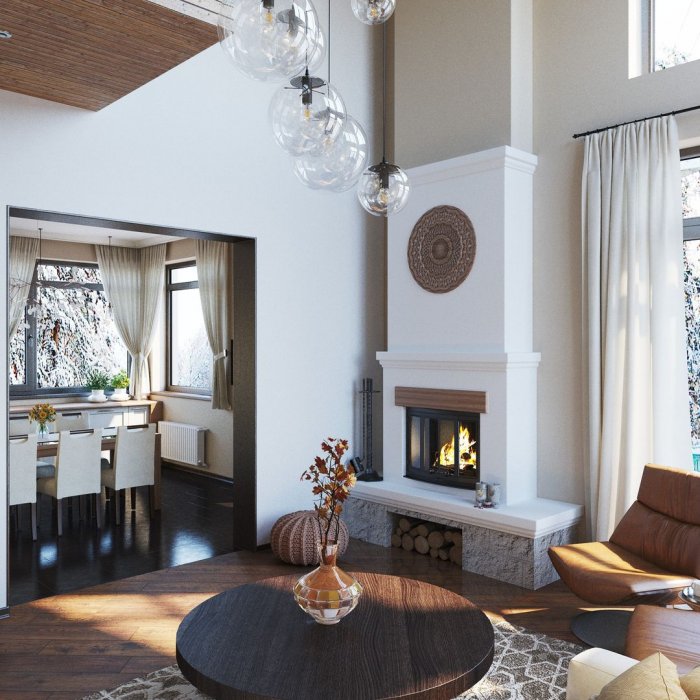 Красивая гостиная с зоной отдыха и столовой